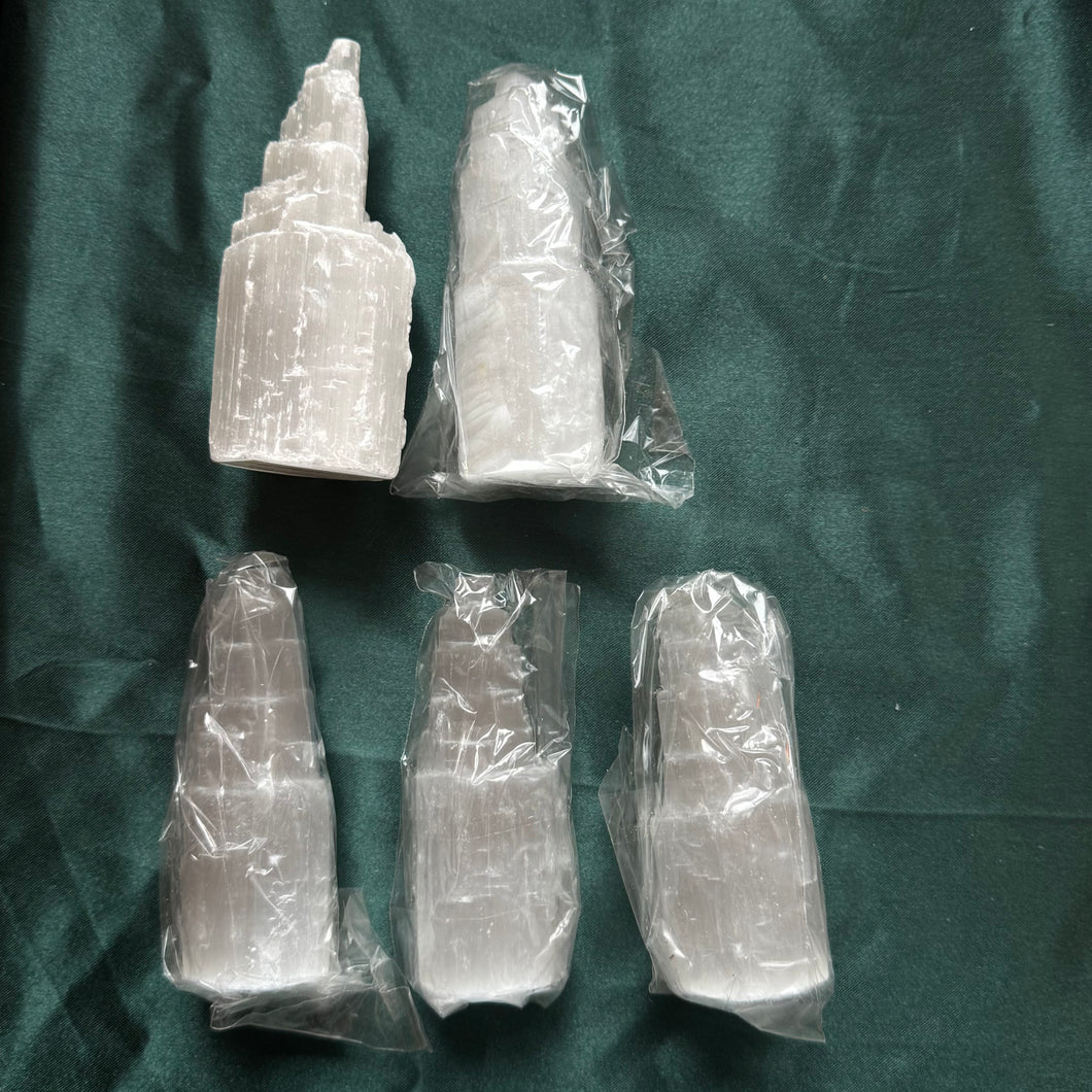 5x satin spar selenite mountains