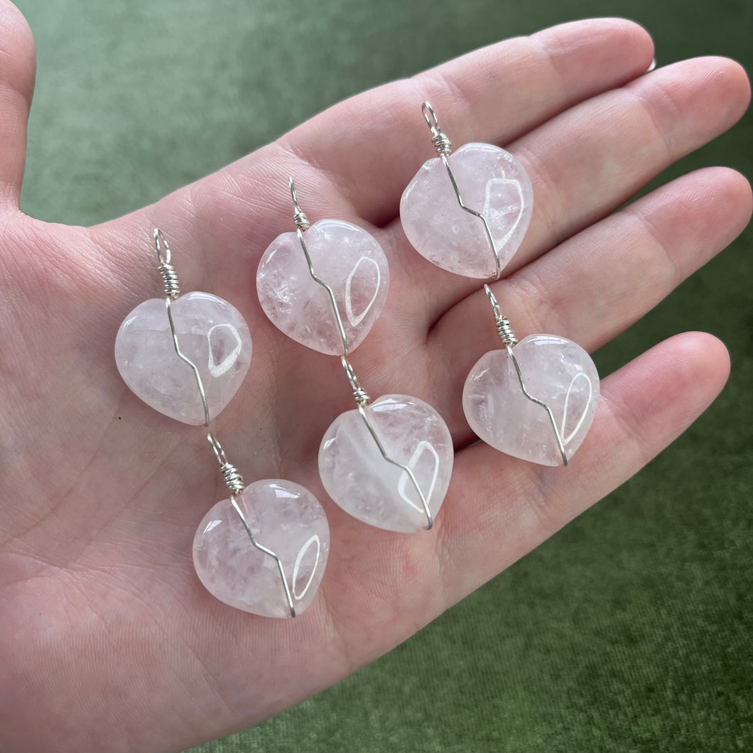 6x handmade wire wrapped rose Quartz heart pendants